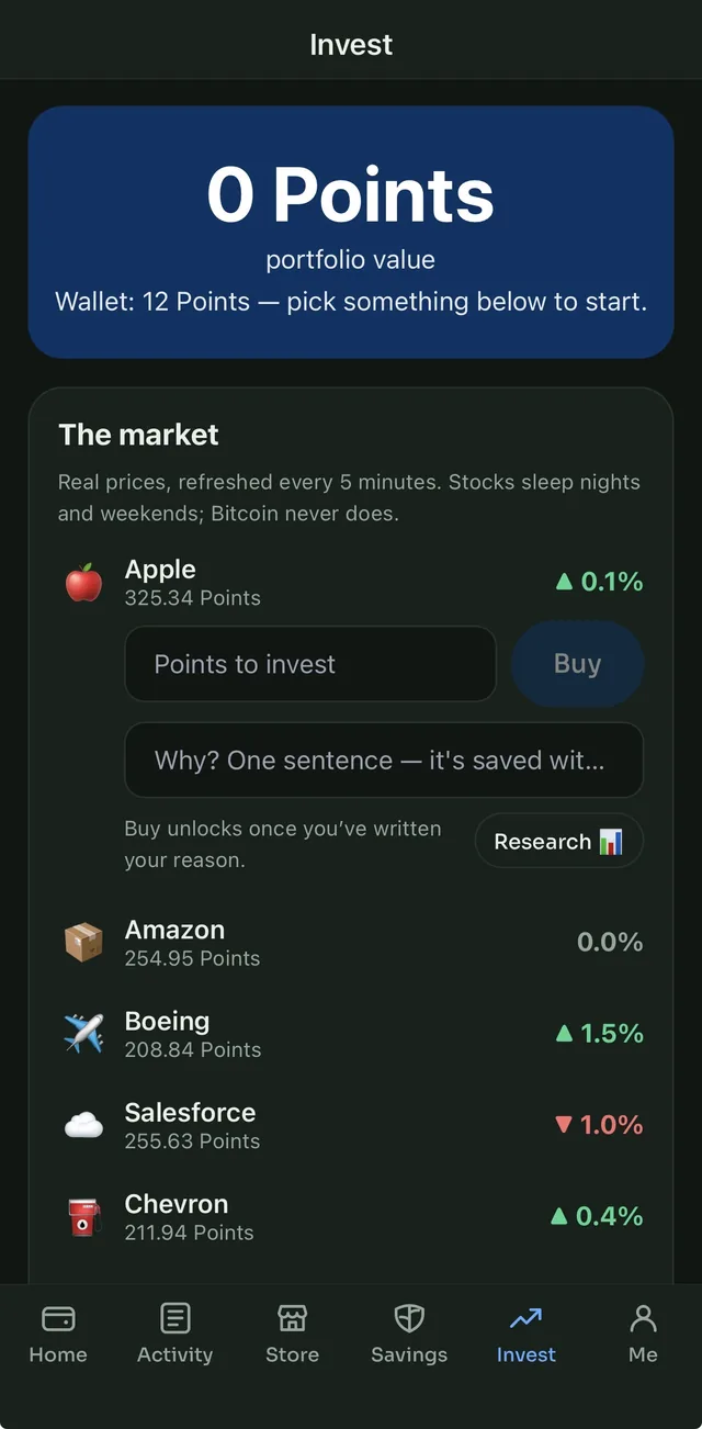 Invest screen with a required reason before buying