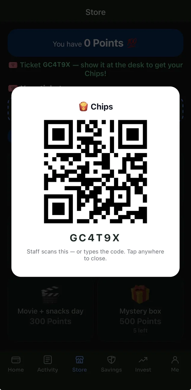 A purchase ticket with its QR code and six-character code