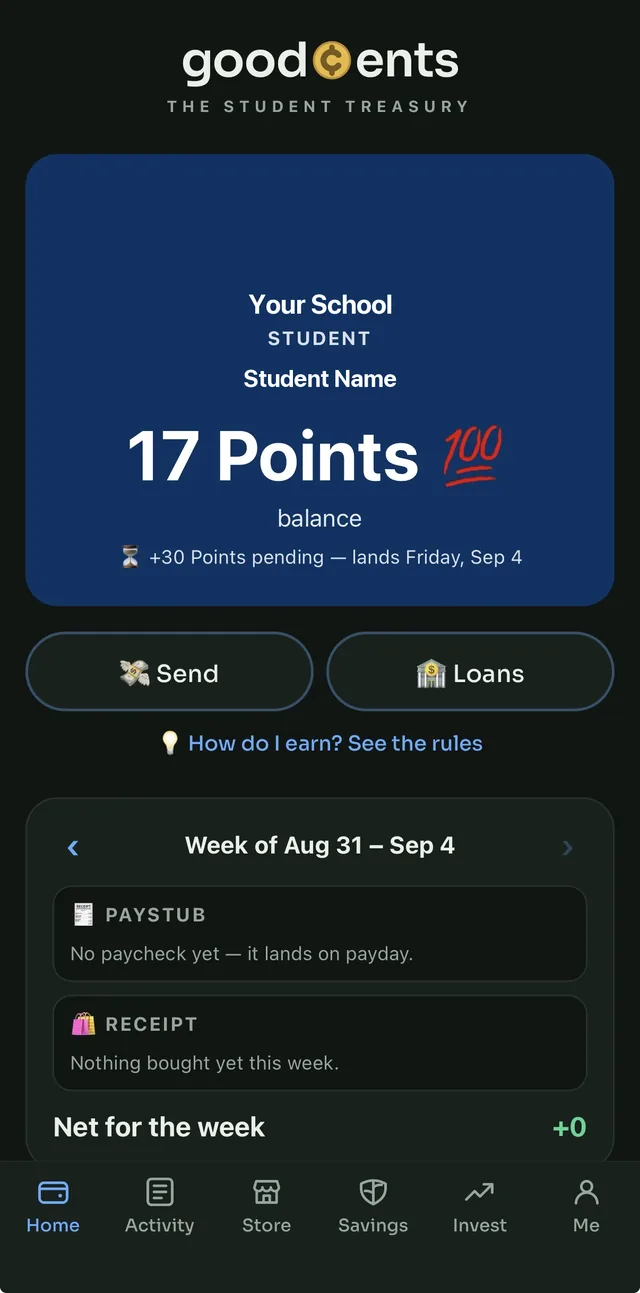 A student's home screen: balance, pending pay, and this week's paystub
